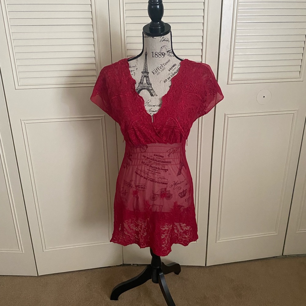 BCBG Max Azria red embroidered mesh semi sheer tunic blouse